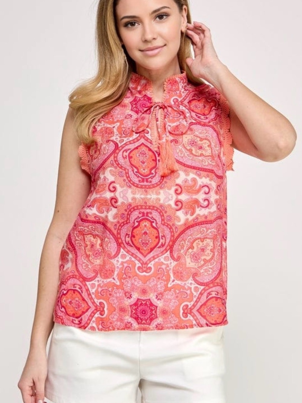 Ellison Sleeveless Coral Pink Paisley Print Top with Tassel Tie